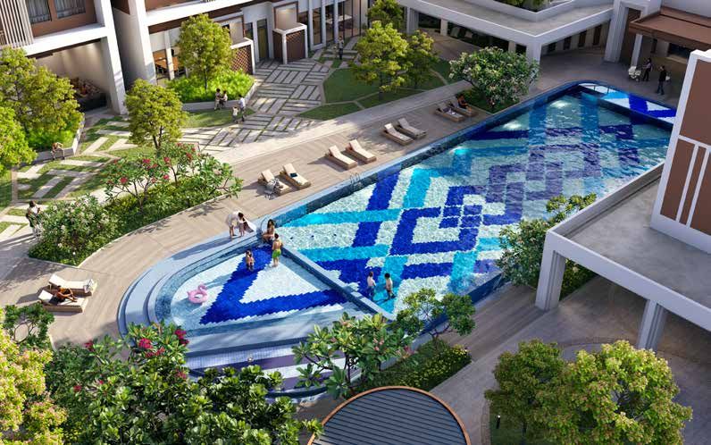 Swimming pool with songket-pattern mosaic and sun-loungers, artist's impression