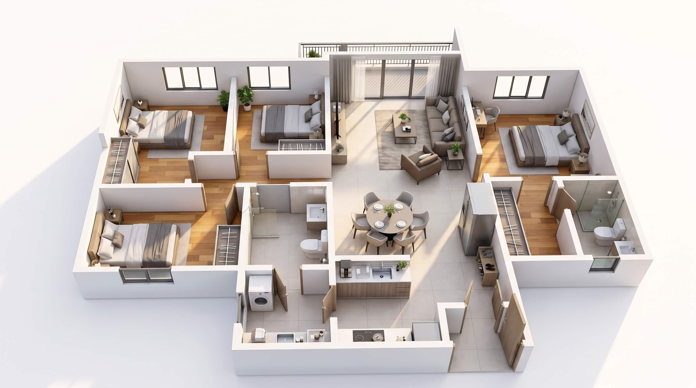 Type B 3D floor plan, 1,216 sq. ft.